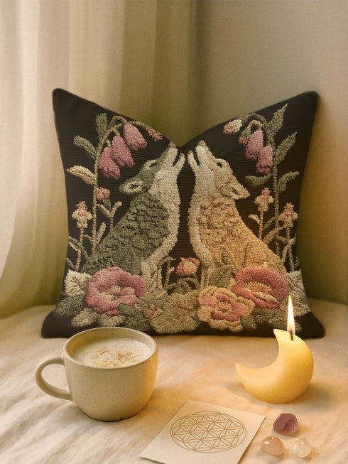 A square woven tapestry pillow with two howling wolves on a black background. The wolves are surrounded by pink and green botanical flowers, creating a vintage, folkloric scene. This decorative cushion is perfect for cottagecore, dark academia, and gothic home decor.
